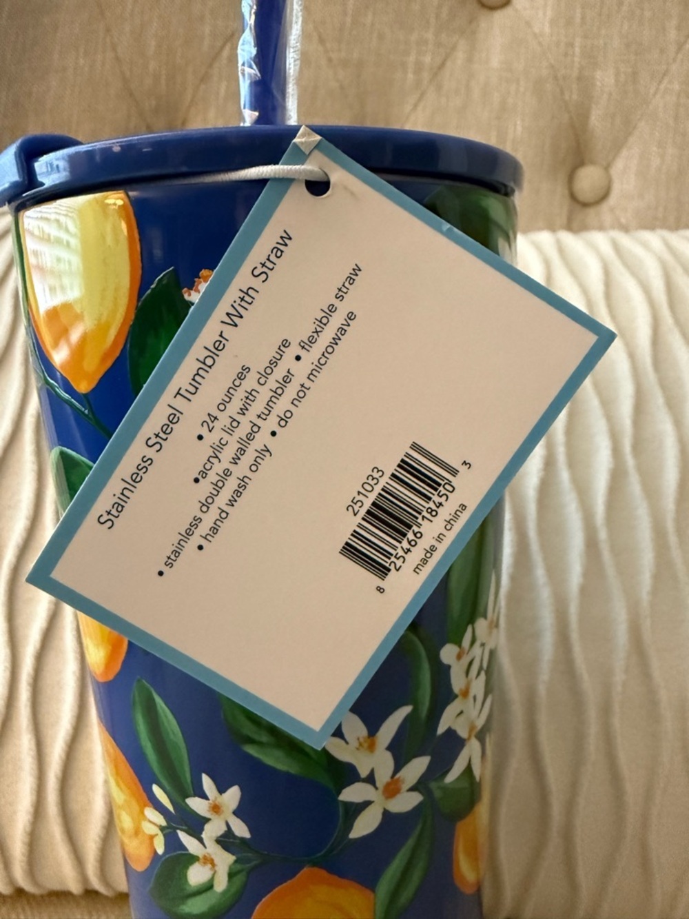 Draper James Blue Tumbler with Yellow Lemon Motif and Matching Straw - Picture 3 of 3